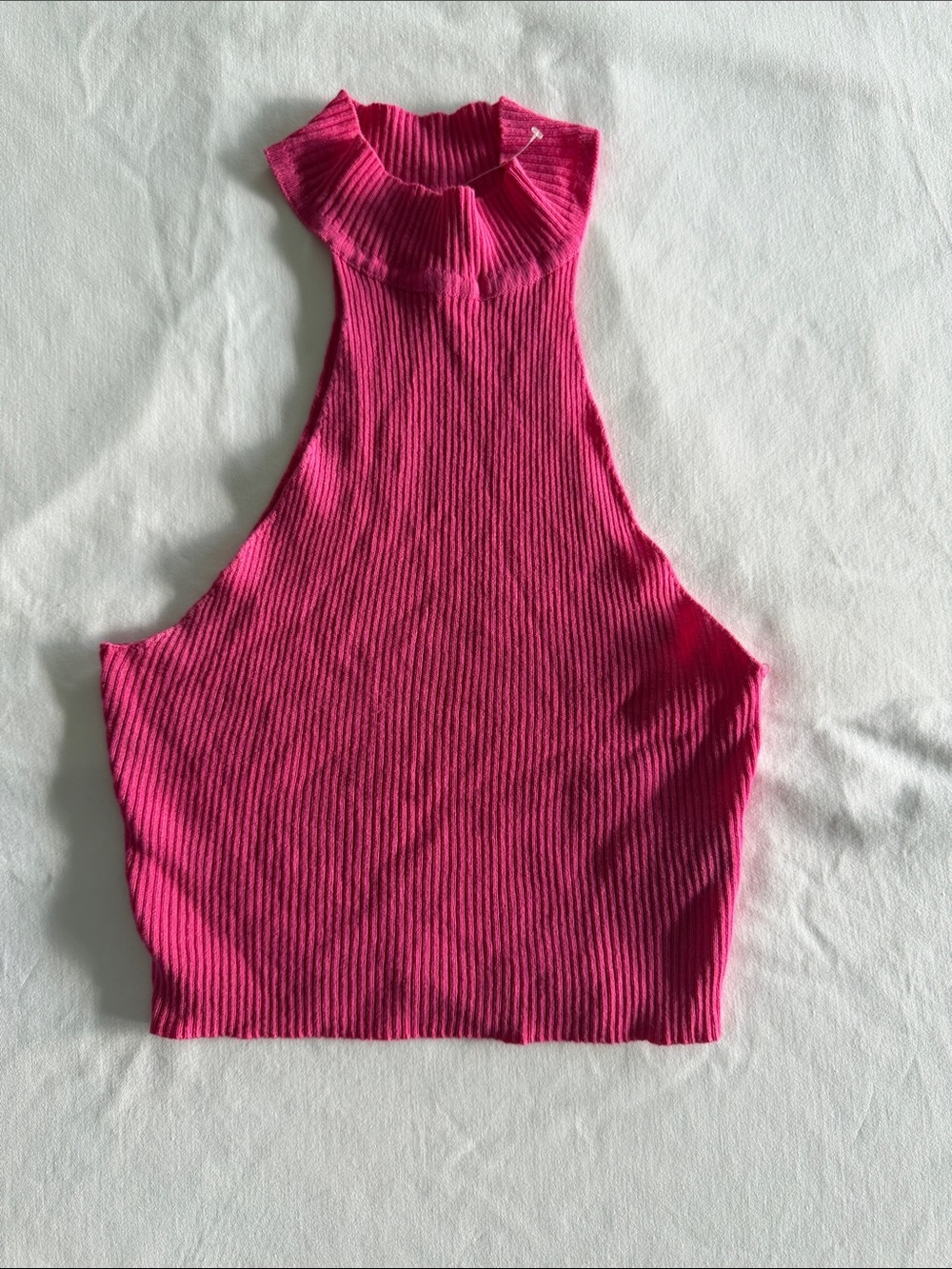 SHEIN Ribbed High Neck Sleeveless Crop Top - Fuchsia Pink